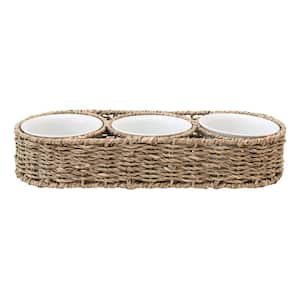 14.17 in. White and Brown Hand-Woven Seagrass Chip and Dip Servers with 6 Oz. Ceramic Bowls (Set of 4)