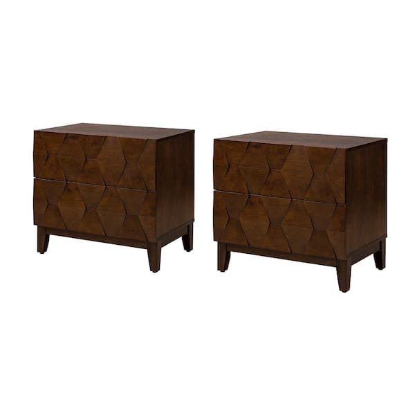 JAYDEN CREATION Diana Walnut 2-Drawer Storage Nightstand with Adjustable Legs and Charging Station (Set of 2)