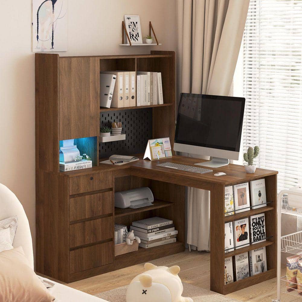 46 in. L-Shaped Brown Wood 4-Drawer Computer Desk with Open Shelves and Charging Station
