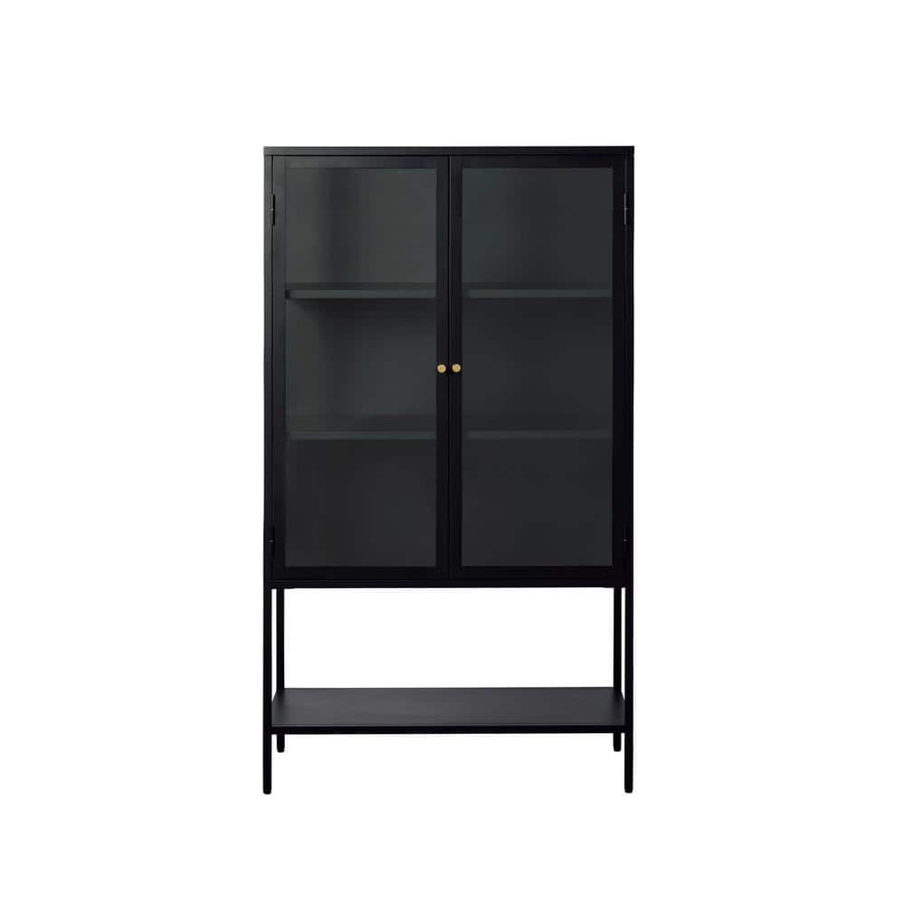 63-Inch Black Metal and Glass China Cabinet with Shelves