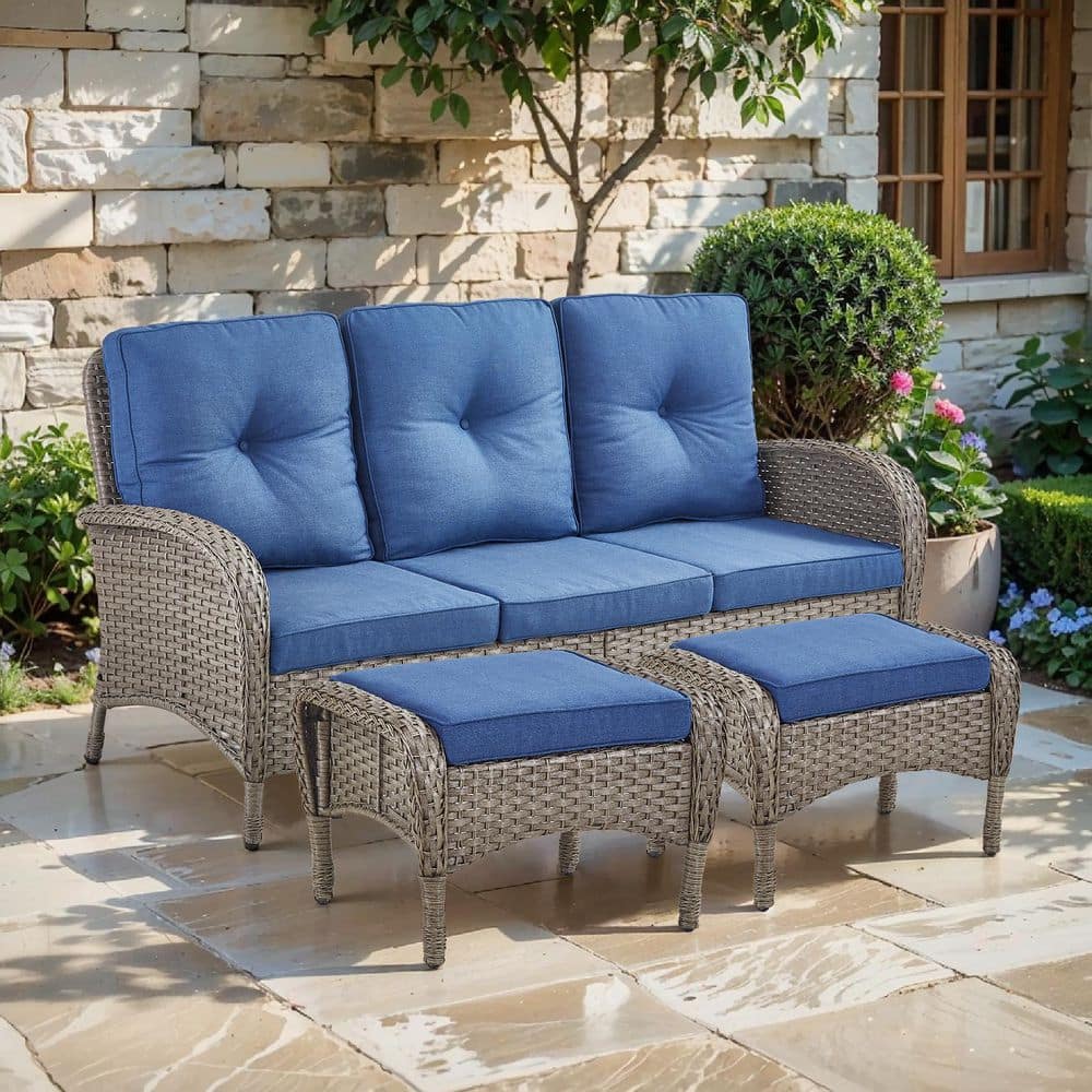 SleekArm 3-Seat Gray PE Wicker Outdoor Couch with Olefin Blue Cushions /Matching Patio Ottomans (3-Piece) price history on PriceWatchPro