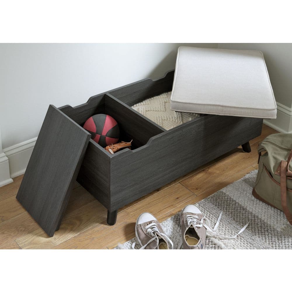 Gray Wood Upholstered Storage Bench with Tapered Legs