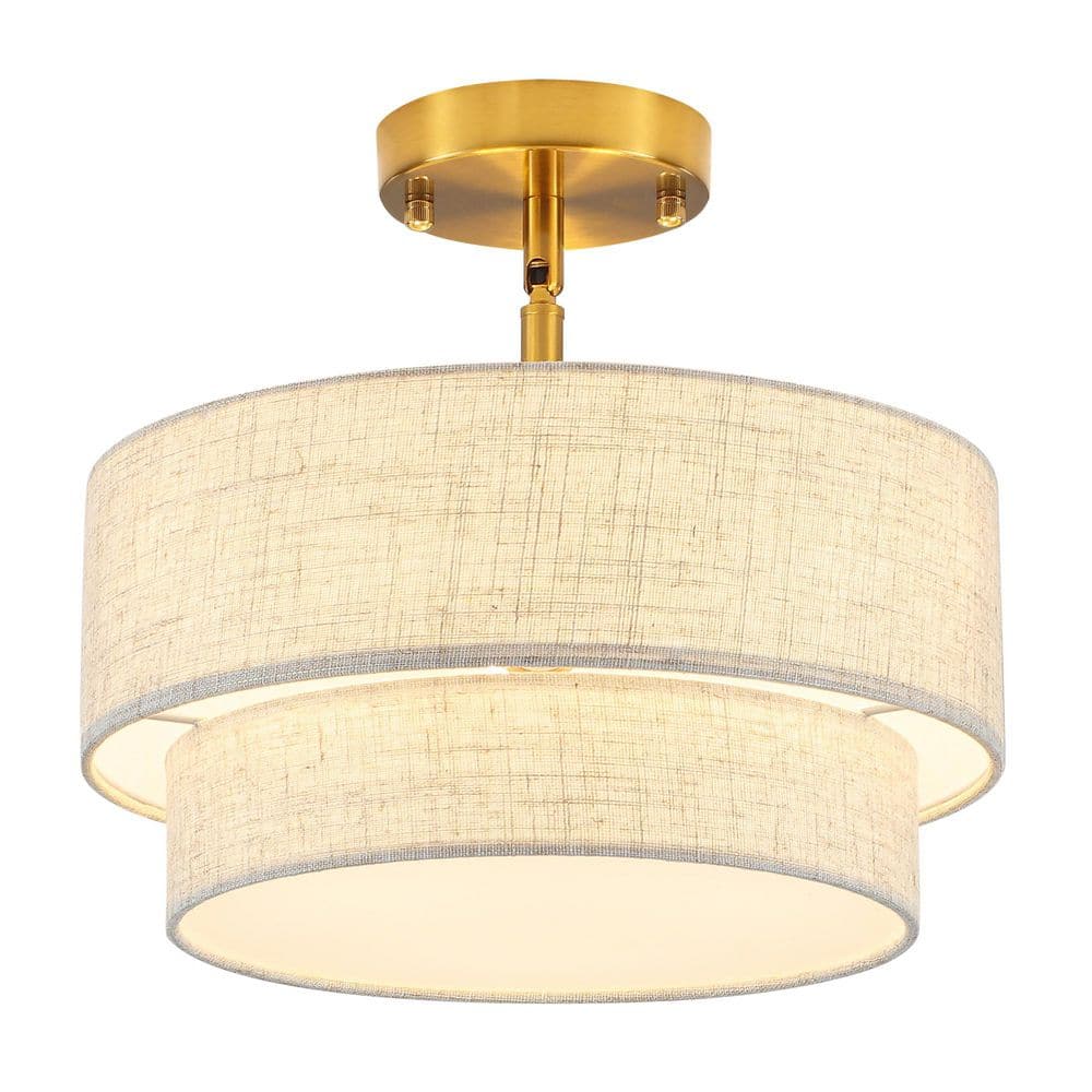 12.6 in. 3-Light Gold Drum 2-Layer Farmhouse Semi Flush Mount Ceiling Light with White Fabric Shade for Kitchen Island price history on PriceWatchPro