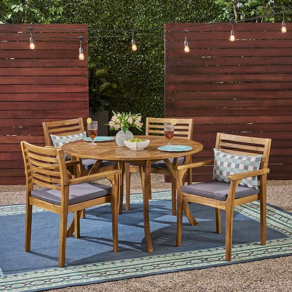 Noble House Casa 30 in. Teak Brown 5-Piece Wood Round Patio Outdoor Dining Set with Dark Grey Cushions