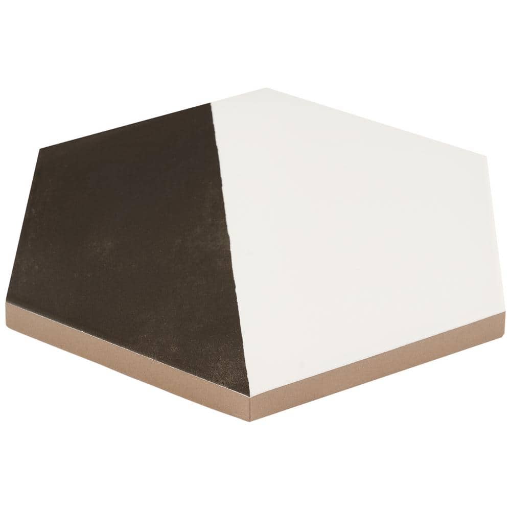 GeoHex Burst 8" Hexagon Matte Black and White Porcelain Tile