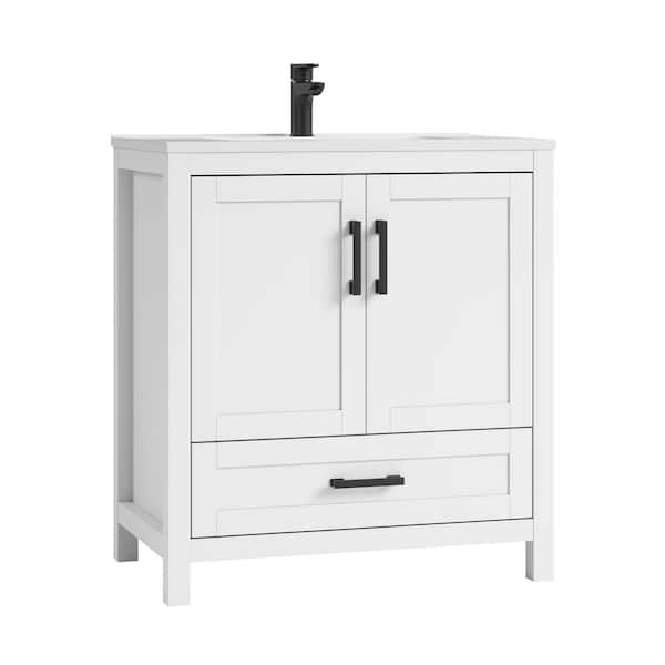 Vivi 31 in.W Single Sink White Freestanding Bath Vanity with White Engineered Solid Surface Top Unassembled