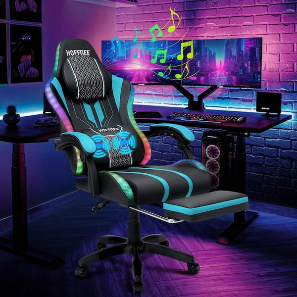 Faux Leather Massage Ergonomic Gaming Chair Big and Tall Game Chair in Blue with Bluetooth Speakers LED Lights Footrest