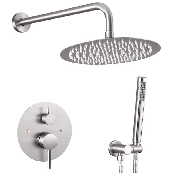 Single Handle 2-Spray 10 in Round Shower Faucet 2.5 GPM with 360° Swivel in. Brushed Nickel