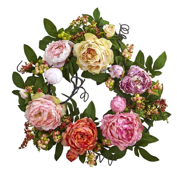 Nearly Natural Mixed Peony and Berry 20 in. Artificial Wreath