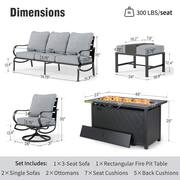 7 Seat 6-Piece Metal Outdoor Patio Conversation Set with Gray Cushions, Swivel Chairs, Rectangular Fire Pit Table