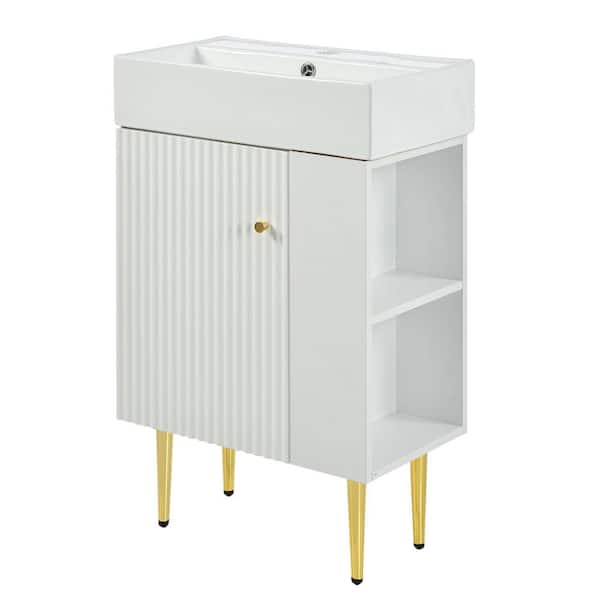 21.6 in. Freestanding White Bath Vanity with White Ceramic Top, Right Side Storage