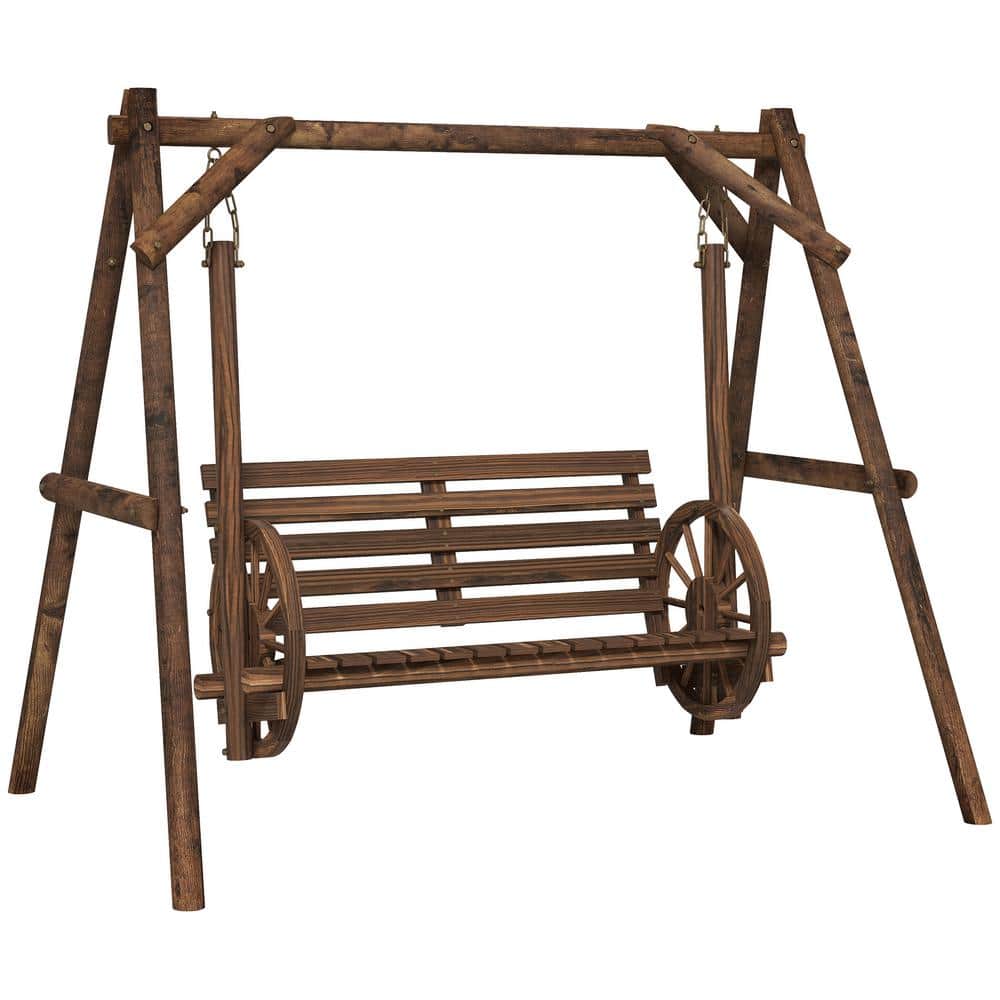 Rustic Carbonized Fir Wood 2-Person Porch Swing with Wagon Wheel Armrests