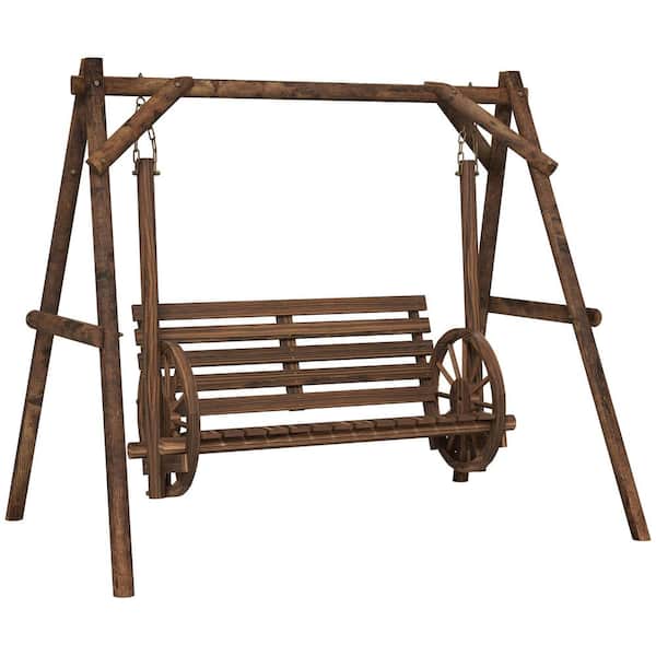 Outsunny 78.75 in. 2-Person Fir Wood Patio Swing with Wagon Shaped Armrests