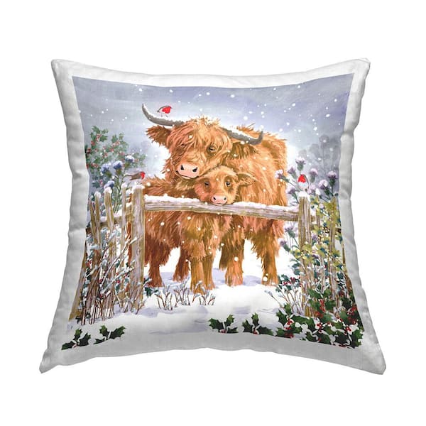 Stupell Industries Cuddling Cattle Farm Botanicals Multi-Color Print Polyester 18in. X 18in. Throw Pillow