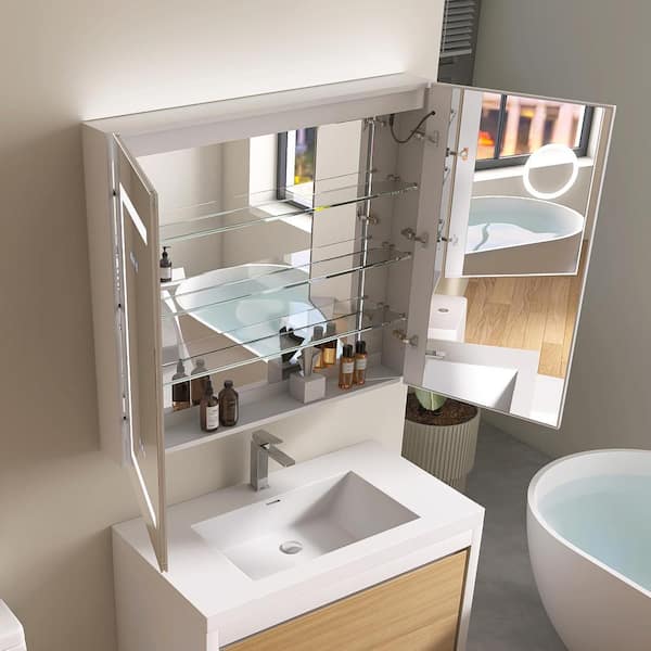 36 in. W x 32 in. H Rectangular Silver Aluminum Recessed/Surface Mount Medicine Cabinet with Mirror and LED