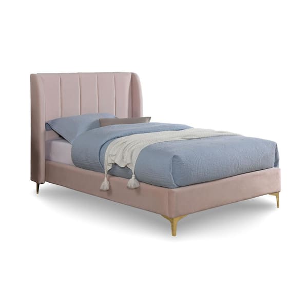 Sandia Crest Light Pink Metal Frame Twin Platform Bed with Wing-back Headboard and Care Kit
