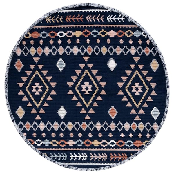 Marrakesh Navy/Multi 7 ft. x 7 ft. Round Geometric Striped Area Rug
