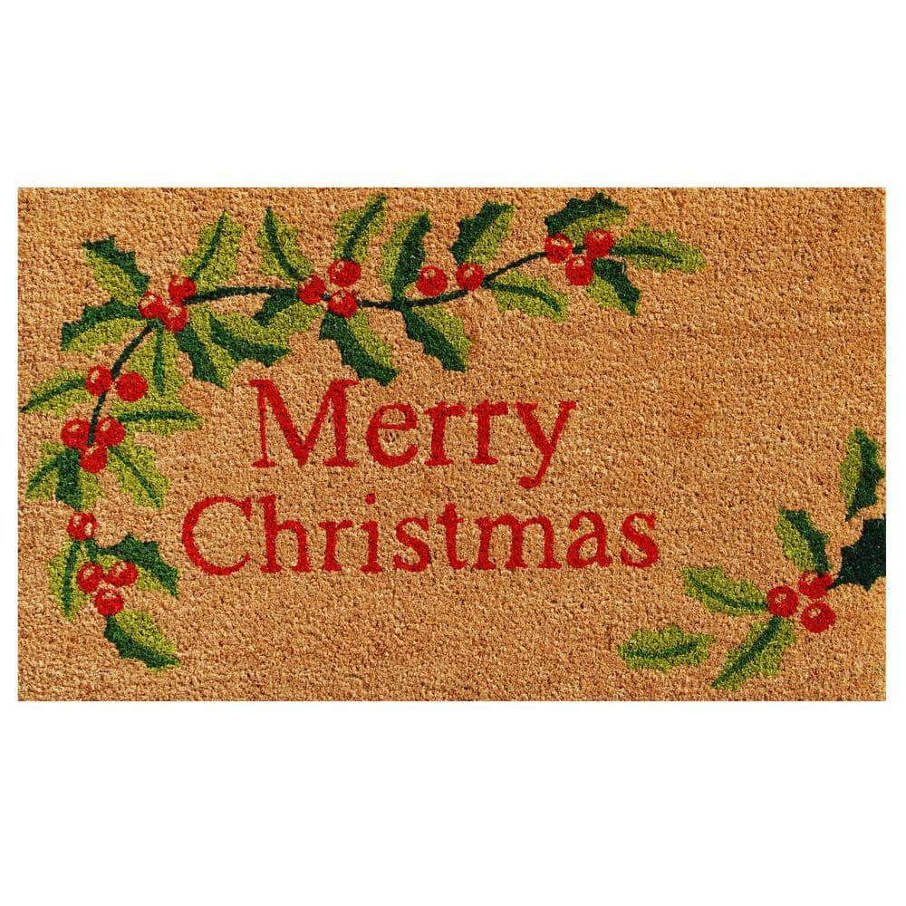 Merry Christmas Coir Doormat with Holly Design