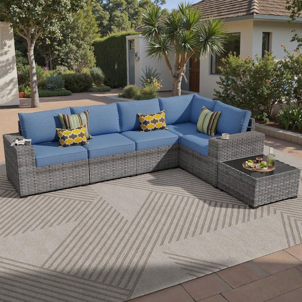 Caodoc Baskra Gray 6-Piece Wicker Outdoor Loveseat Sectional Set with Denim Blue Cushions and Coffee Table for Poolside