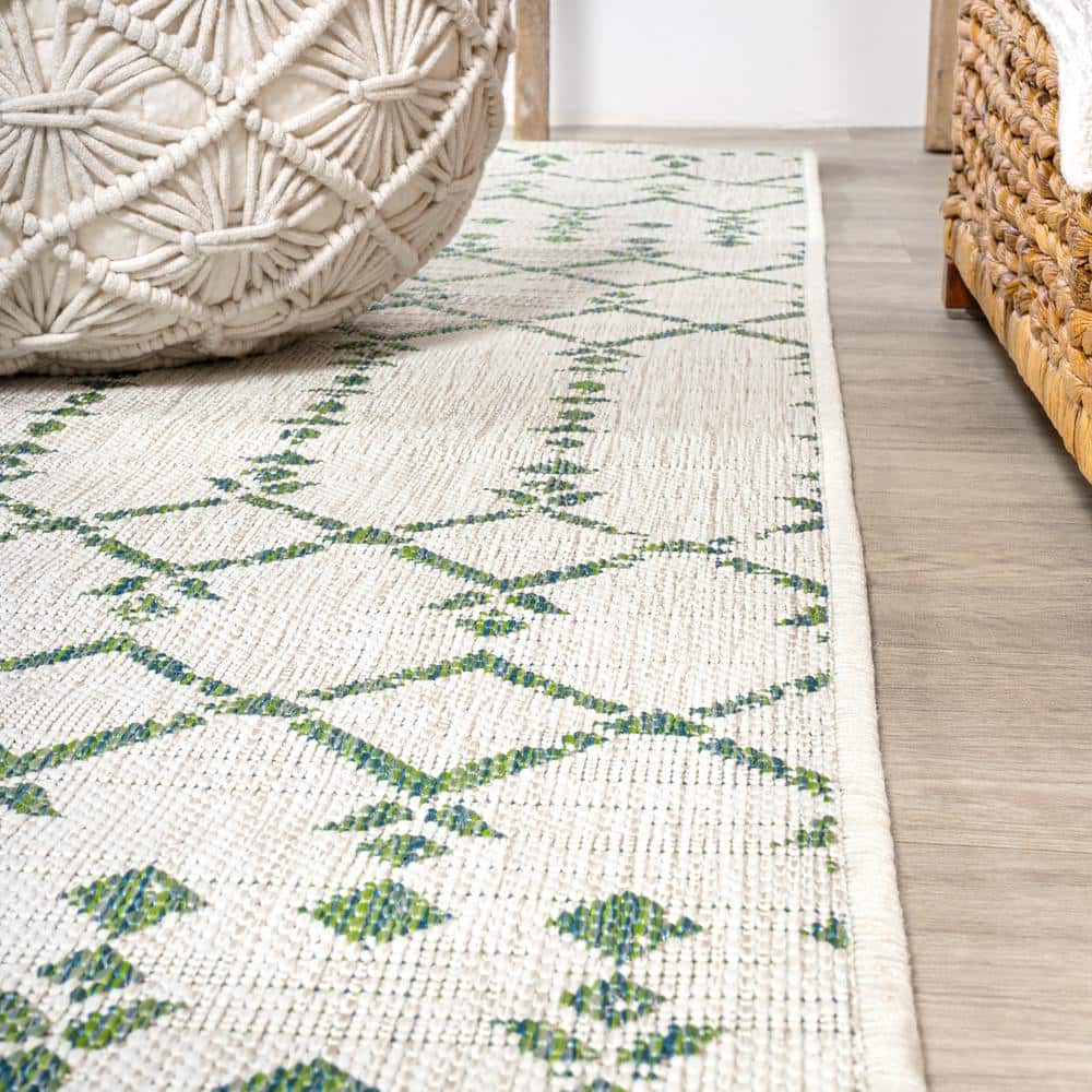Green and Ivory Geometric Flat Woven Runner Rug
