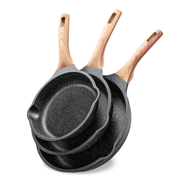 3-Piece Granite Nonstick Frying Pan Set with Lids Die-Cast Aluminum Induction Compatible Cookware Kitchen Set