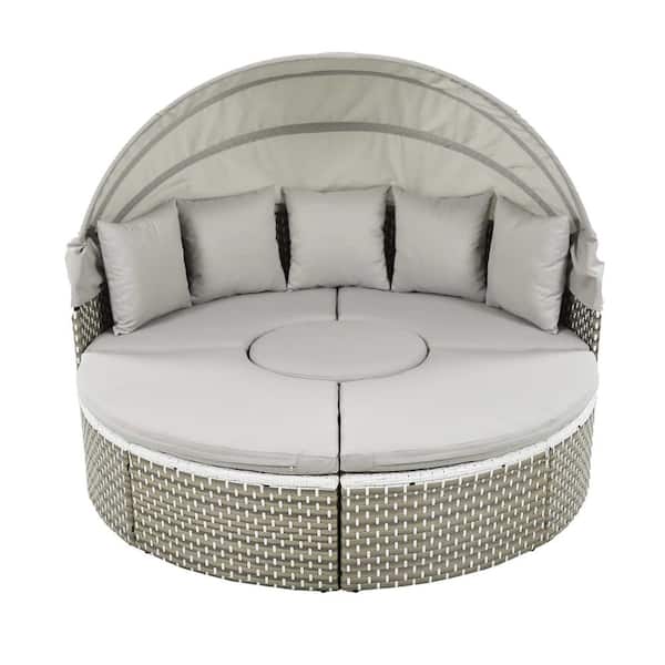 SpassWay Patio Furniture Metal Outdoor Sectional Set with Retractable Canopy, Separate Seating, and Removable Cushions-Gray