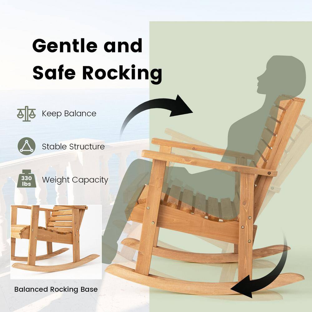Natural Fir Wood High Back Outdoor Rocking Chair with Armrests