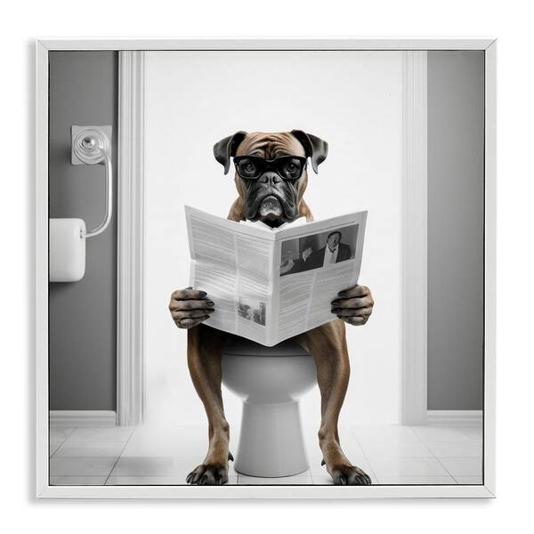 Stupell Industries Boxer Dog and Newspaper by Lazar Studio 1-Piece White Framed Animal Giclee Art Print 12 in. x 12 in.