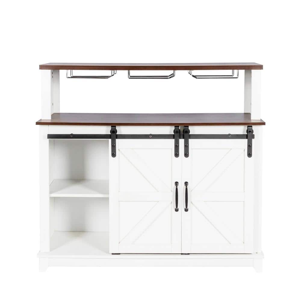 47.24 in. White and Dark Brown MDF Coffee Bar Wine Cabinet with Sliding Barn Door