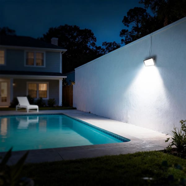 300W Black Plug-in Outdoor 7024 Lumen Integrated LED Flood Light with 9. 8FT Cord, IP66 Waterproof Dusk to Dawn Light