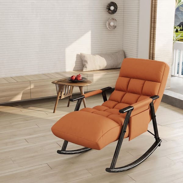 Orange Stylish Tufted Adjustable High Back Teddy Fabric Rocking Chair with Side Pocket and Foot Rest