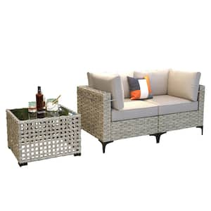 Apollo 3-Piece Wicker Outdoor Patio Conversation Seating Set with Beige Cushions