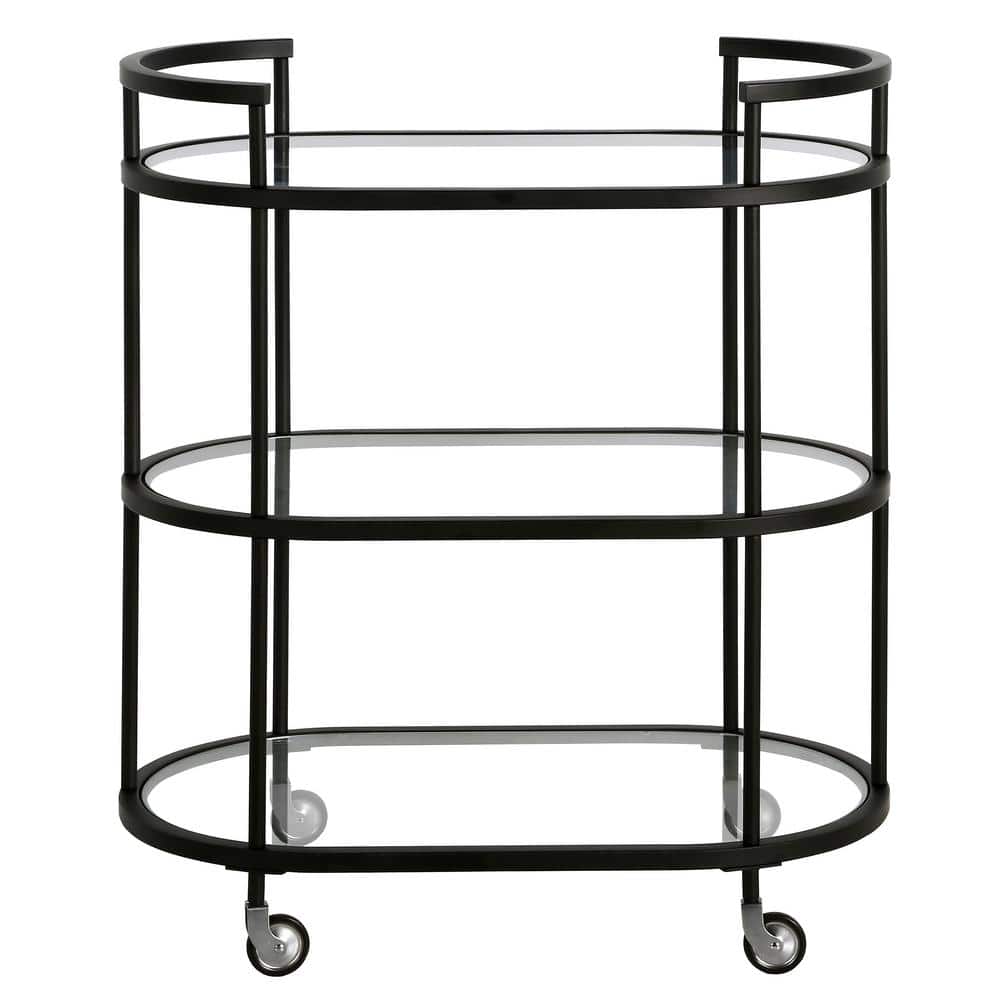 Modern Blackened Bronze 30" Wide Round Bar Cart with Tempered Glass Shelves