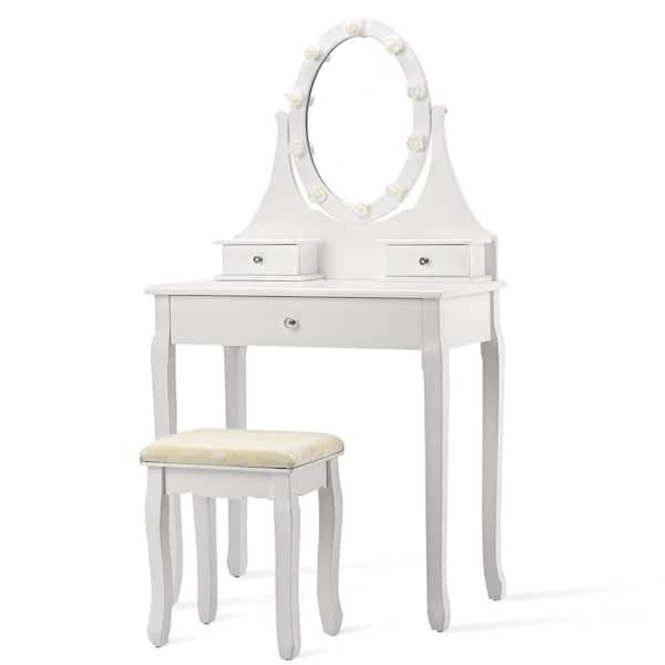 Forclover 3 Drawer White Vanity Table, Vanity Table With Lighted Mirror And Stool