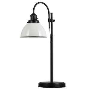 Savannah Farmhouse 27. 63 in. Matte Black Adjustable Table Desk Lamp with White Metal Shade and Black Trim