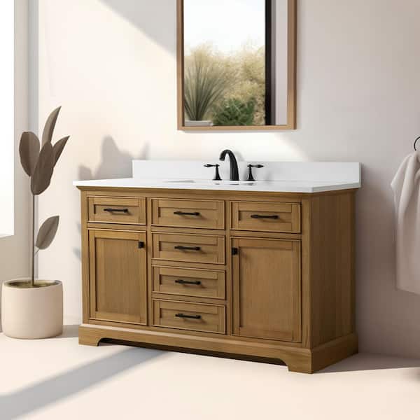 Milano 54 in Single Sink Oak Bath Vanity with White QuartzTop (Assembled)