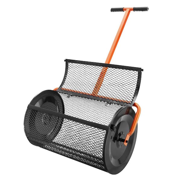 Compost Spreader, 24 in. Wide, Lawn & Garden Peat Moss Roller, 24.4-25.6 in. Height Adjustable Handle, Steel Mesh Basket