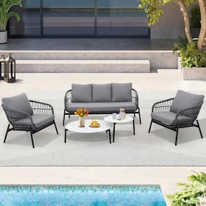 Black Frame 5-Pieces Aluminum Deep Seating Patio Conversation Set with Gray Cushion