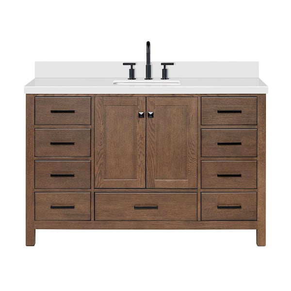 Cambridge 54 in. Single Sink Freestanding Bathroom Vanity in Brown Oak with Pure White Quartz Top