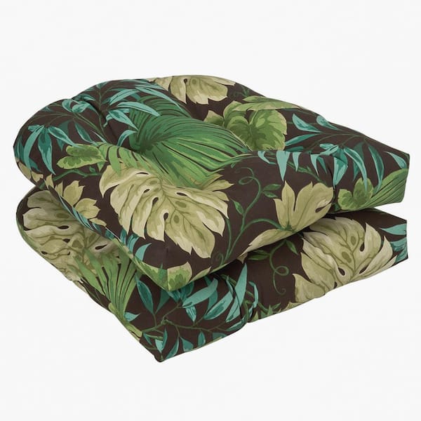 Pillow Perfect Floral 19 in. x 19 in. Outdoor Dining Chair Cushion in Green/Brown (Set of 2)