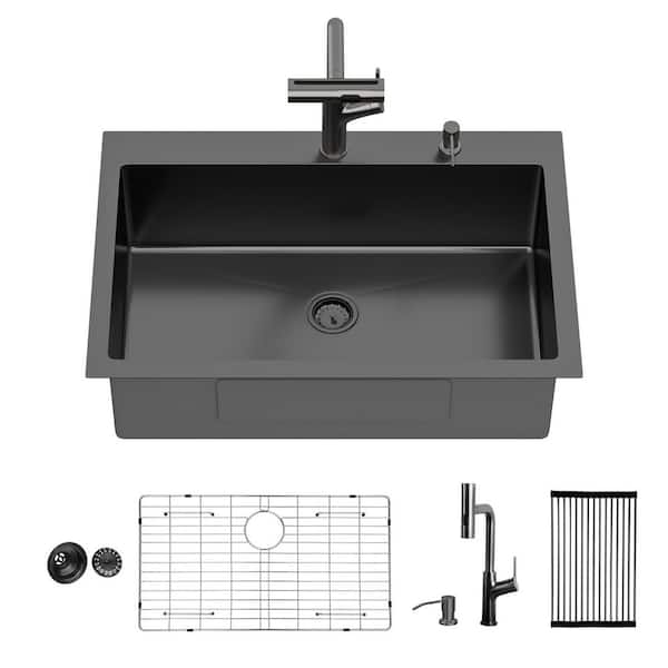 16 Gauge Gunmetal Black Stainless Steel 30 in. x 22 in. Drop-In Bar Sink Kitchen Sink with Pull-out Faucet