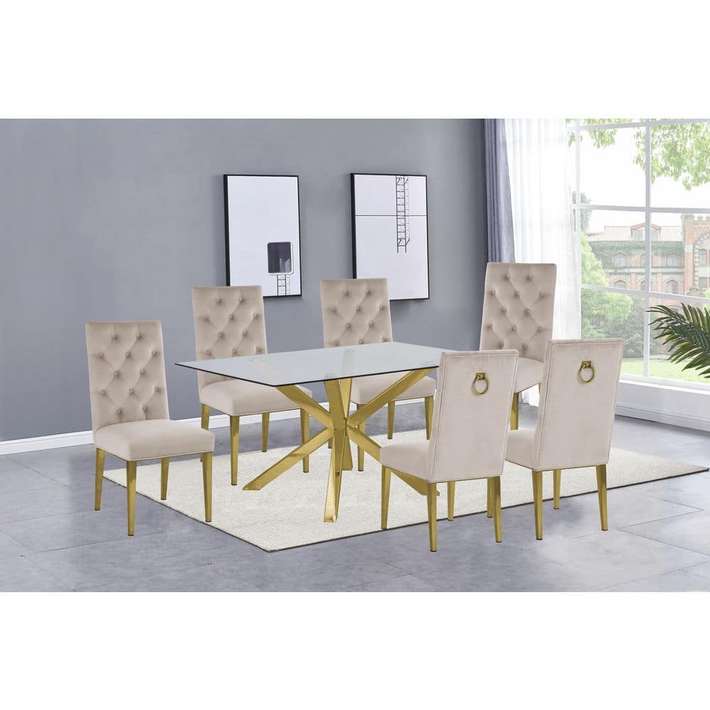 63" Rectangular Clear Glass Dining Set with Beige Velvet Chairs and Gold Base