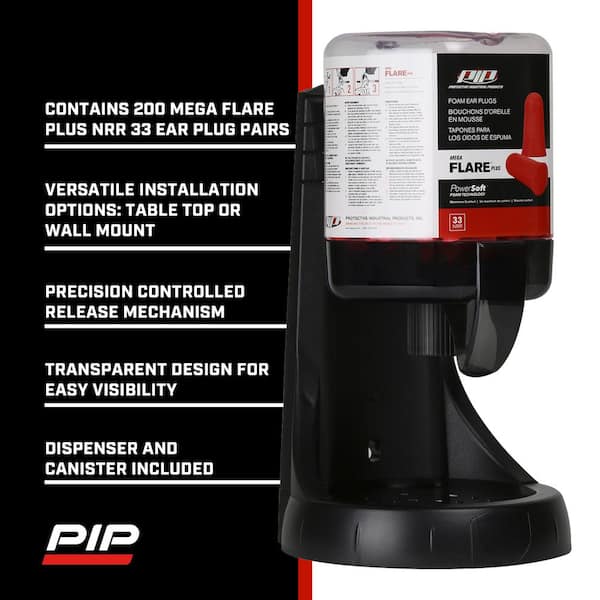 Mega Flare Plus Pre-Filled Black Ear Plug Dispenser with Red Foam Ear Plugs, 33 dB Noise Reduction Rating (200-Pairs)