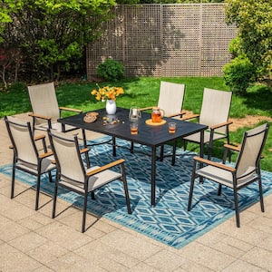 Black 7-Piece Metal Outdoor Patio Dining Set with Straight-Leg Rectangle Table and Stackable Aluminum Chairs