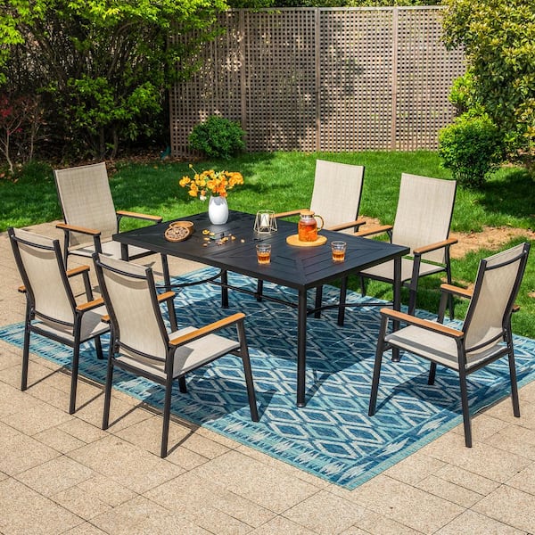 PHI VILLA Black 7-Piece Metal Outdoor Patio Dining Set with Straight ...