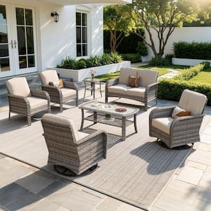 Meis Gray 7-Piece Wicker Patio Conversation Set with Beige Cushions and Swivel Chairs