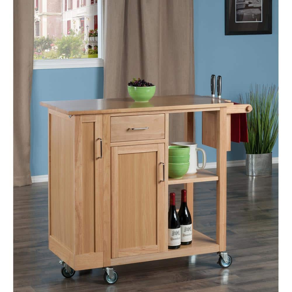 Natural Wood Kitchen Cart with Wine Rack and Storage