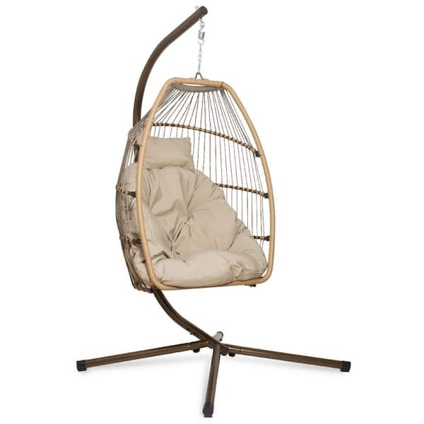 Barton 50 ft. Hanging Basket Chair Cushion Egg Hammock Chair Garden Swing Seat Cushion with Stand in Beige 93934 The Home Depot