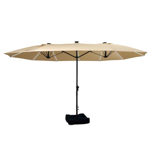 Clihome 15 ft. Outdoor Rectangular Innovative Crank Market Patio Umbrella in Beige with 22 in. Base, Fiberglass Ribs, LED Lights