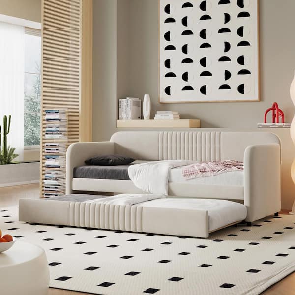 Beige Twin Size Upholstered Daybed with Wood Slat and Trundle